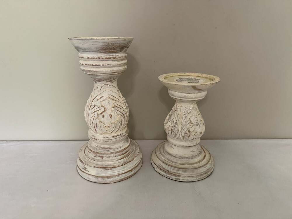 Pier 1 Imports Carved Whitewashed Wood Pillar Candle Holders Set of 2